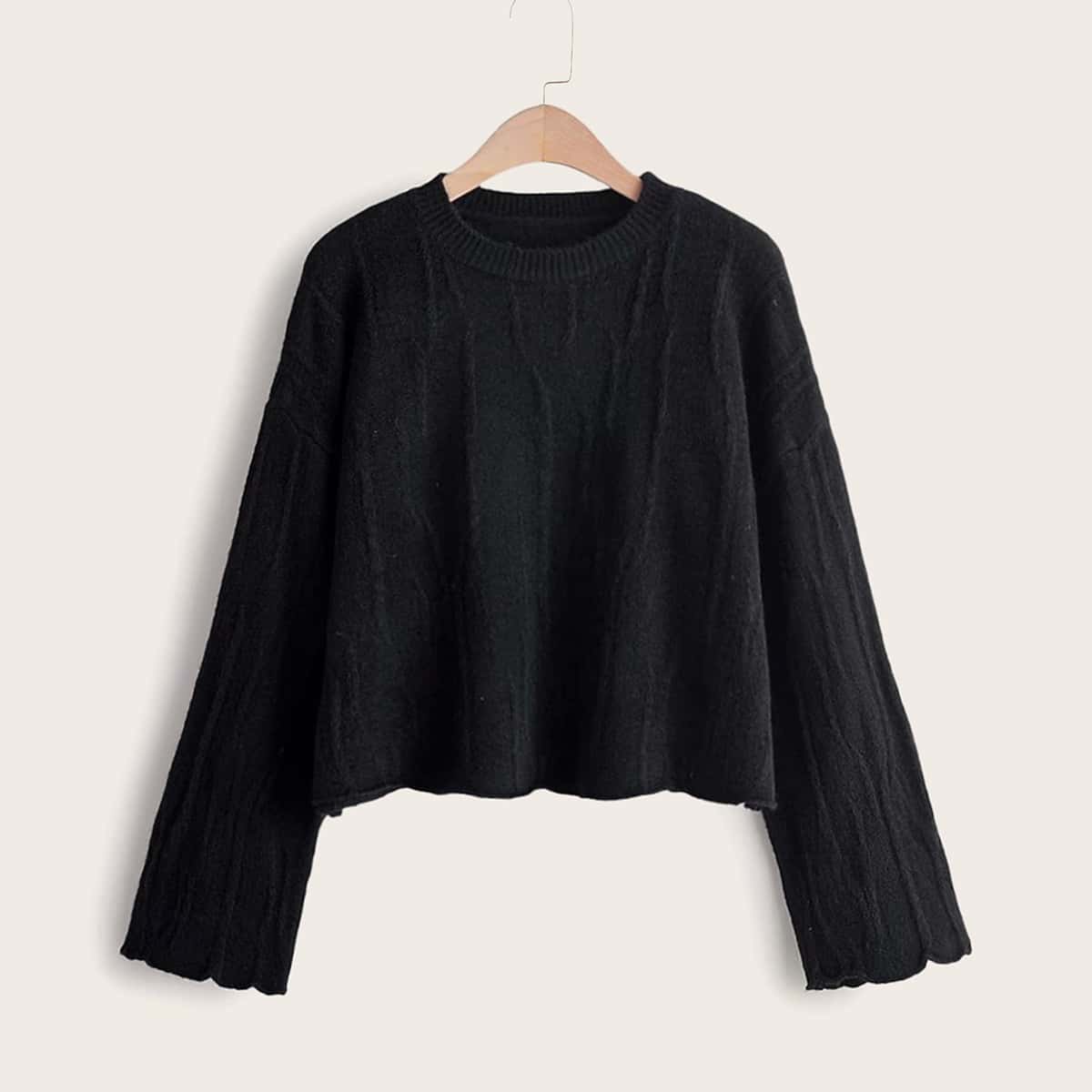 

Solid Lettuce Trim Drop Shoulder Sweater, Black