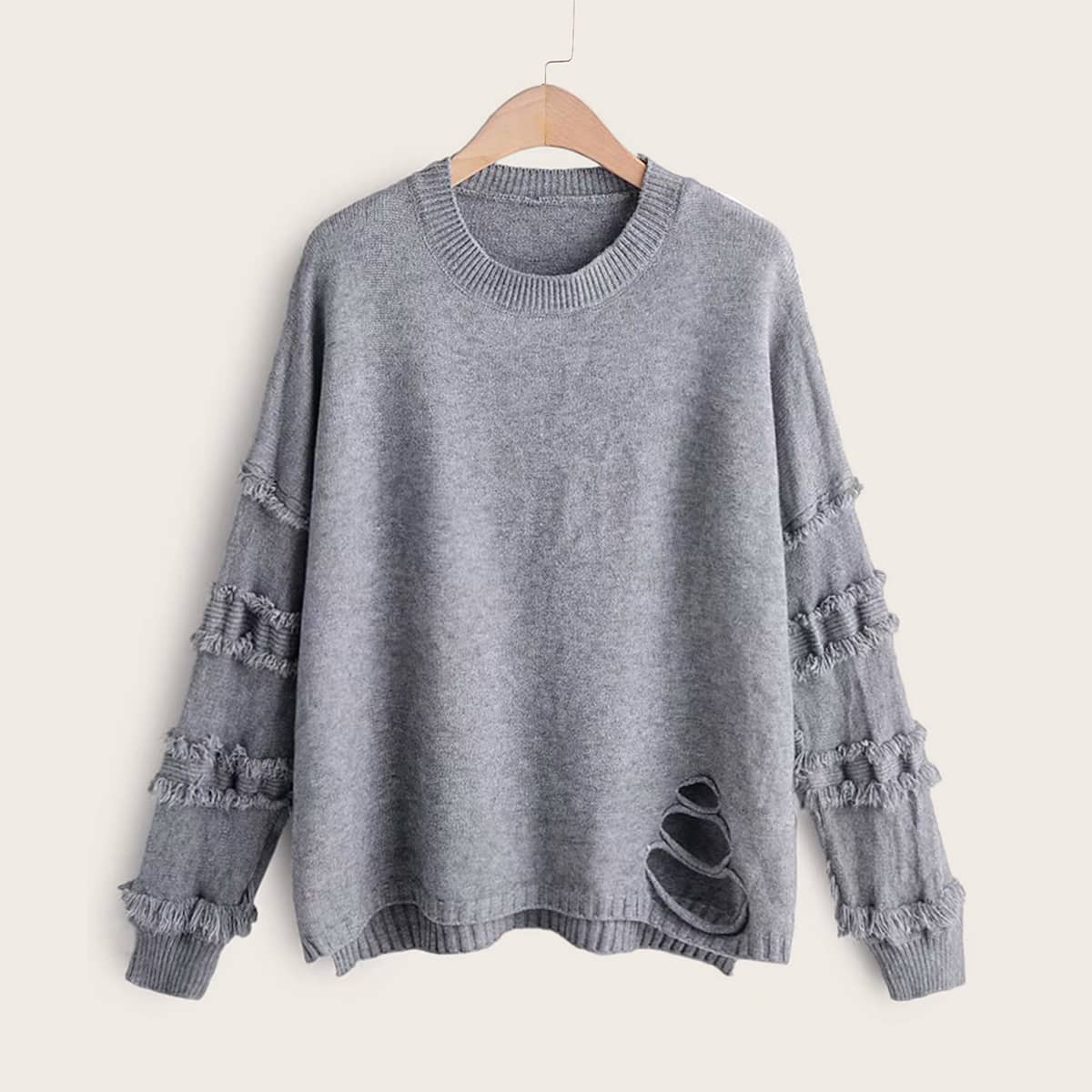 

Solid Ripped High Low Hem Sweater, Grey