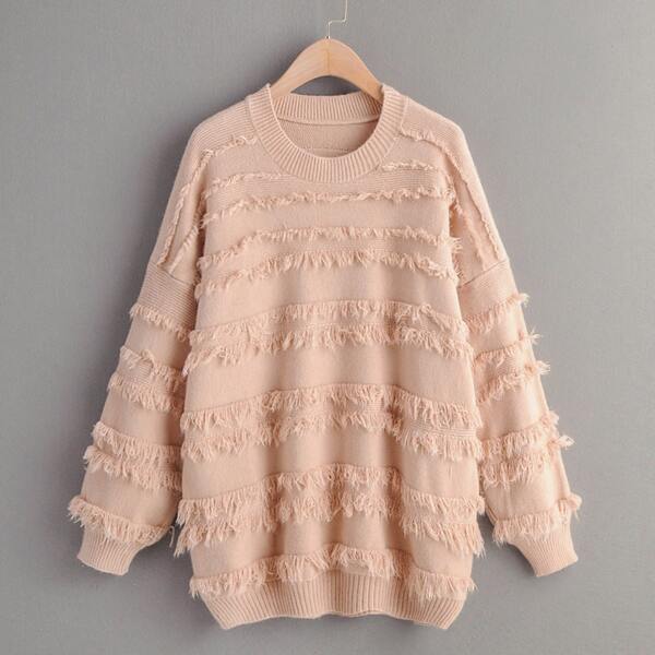 

Drop Shoulder Fringe Trim Pullover Jumper