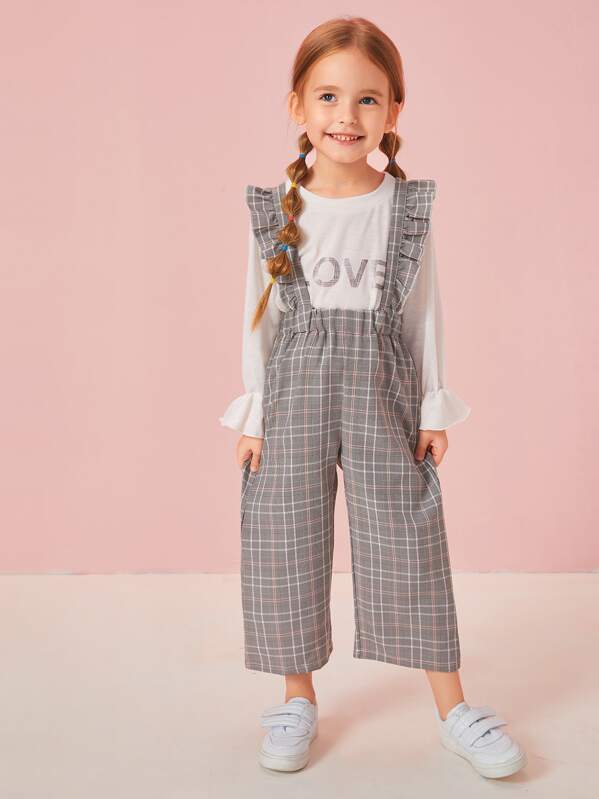

Toddler Girls Letter Graphic Top With Plaid Ruffle Straps Pants, Multicolor, Sofia B