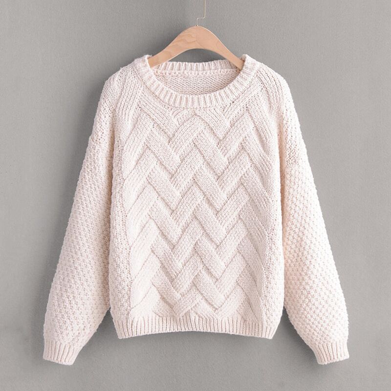 

Round Neck Drop Shoulder Solid Sweater, Beige