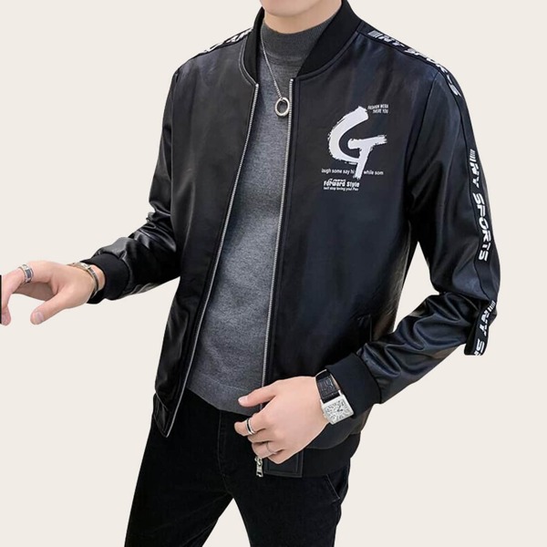 

Men Letter Print PU Bomber Jacket, Black