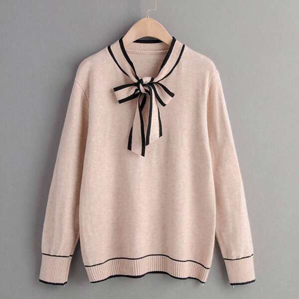 

Tie Neck Contrast Trim Sweater, Khaki