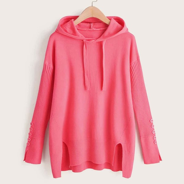 

Neon Pink Slit Hem Drawstring Hooded Jumper