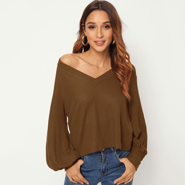 

V Neck Solid Bishop Sleeve Sweater, Brown