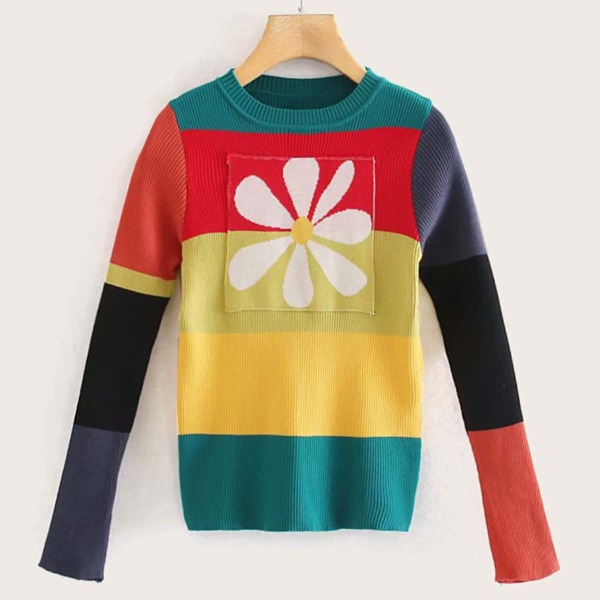 

Color-block Floral Patched Slim Fit Sweater
