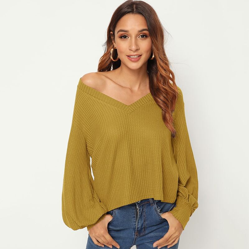

V Neck Solid Bishop Sleeve Sweater, Yellow