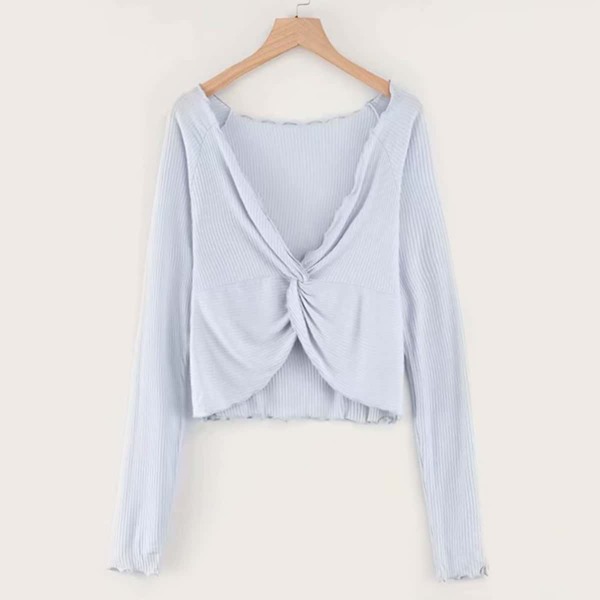 

Deep V-neck Lettuce Trim Twist Tee, Blue pastel