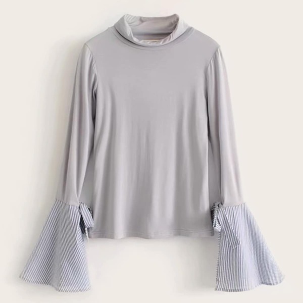 

Contrast Striped Flounce Sleeve Tee, Grey