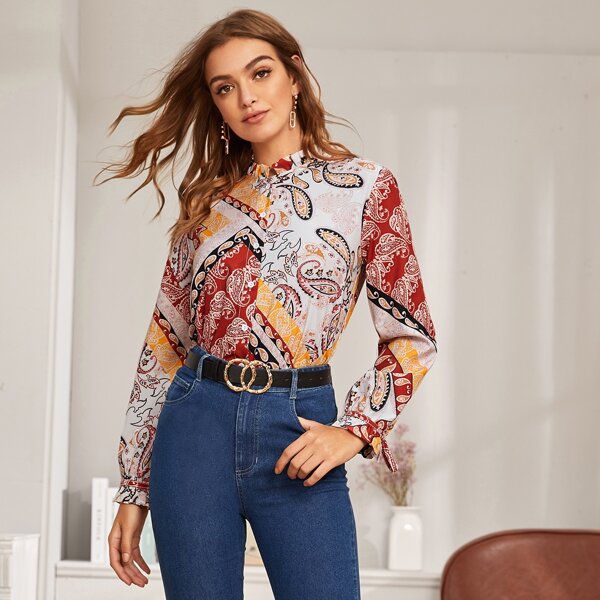 

Paisley Frill Trim Tie Cuff Blouse, Multicolor