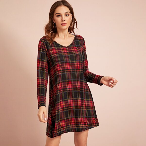 

V Neck Tartan Tee Dress, Multicolor