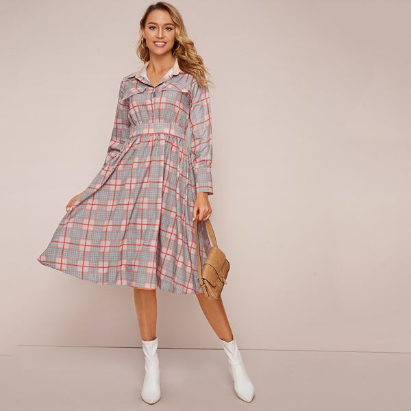 

Contrast Collar Plaid Shirt Dress, Multicolor
