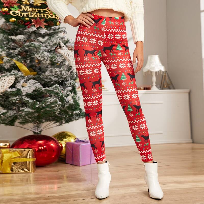 

Christmas New Year Print Skinny Leggings, Red