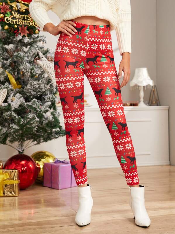 

Christmas New Year Print Skinny Leggings, Red, Luiza