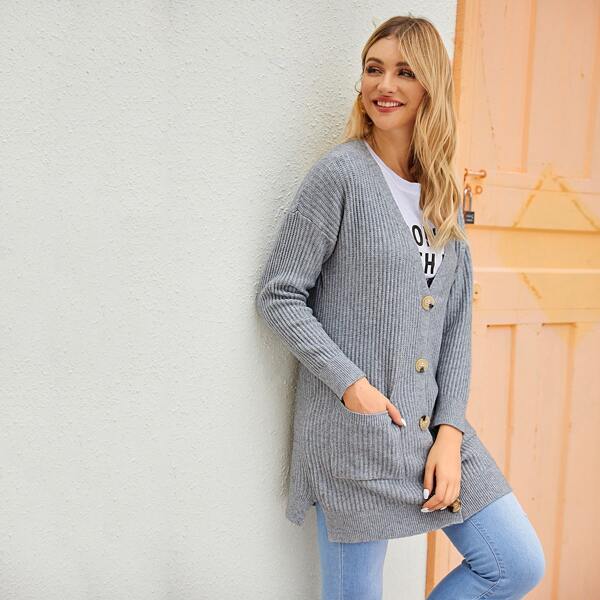 

Dual Pockets Ribbed Knit Cardigan, Grey