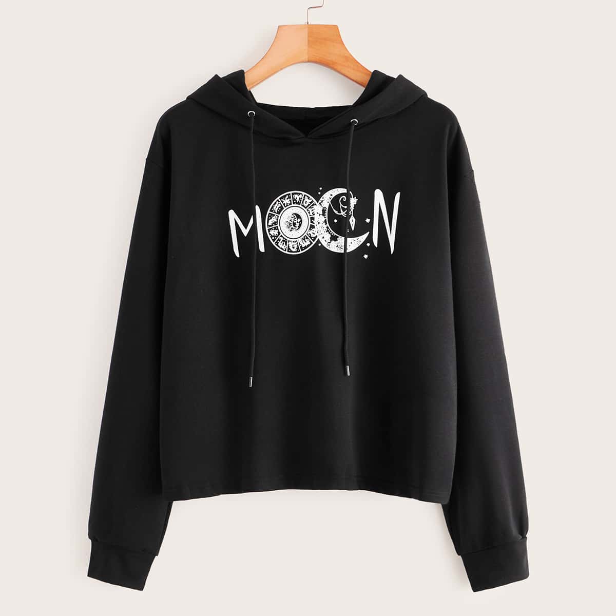 

Letter And Constellation Graphic Drawstring Hoodie, Black