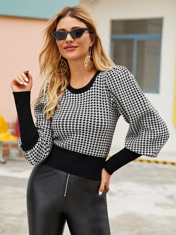 

Contrast Panel Crew Neck Houndstooth Sweater, Black and white, Nathane