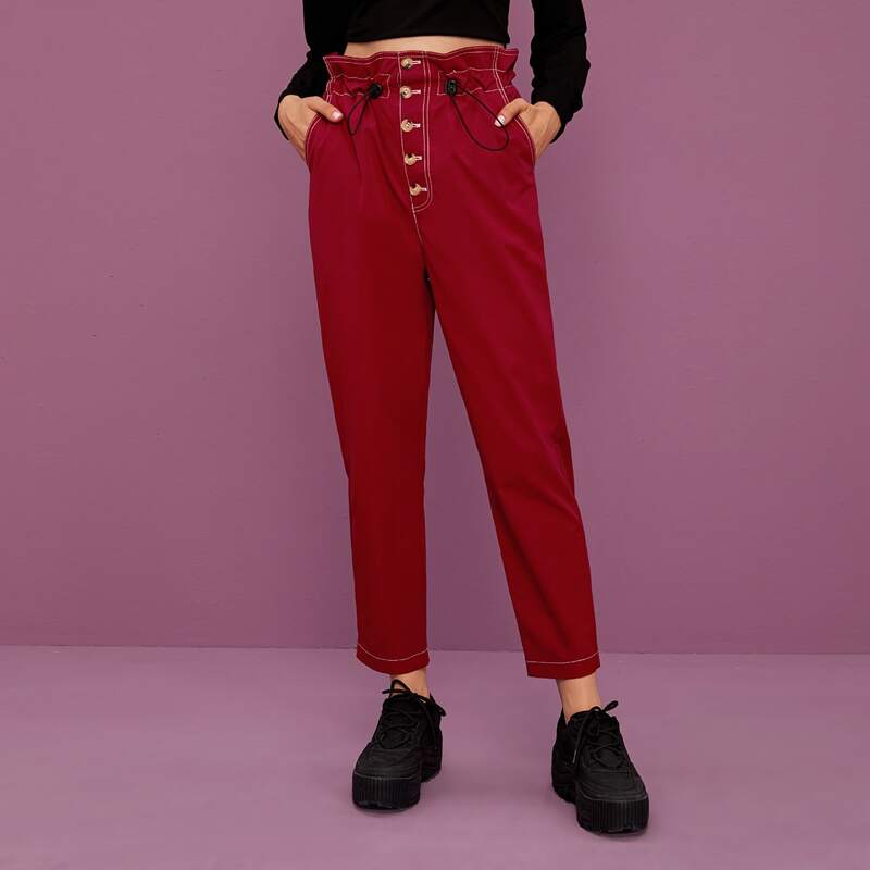 

Button Fly Drawstring Paperbag Waist Pants, Burgundy