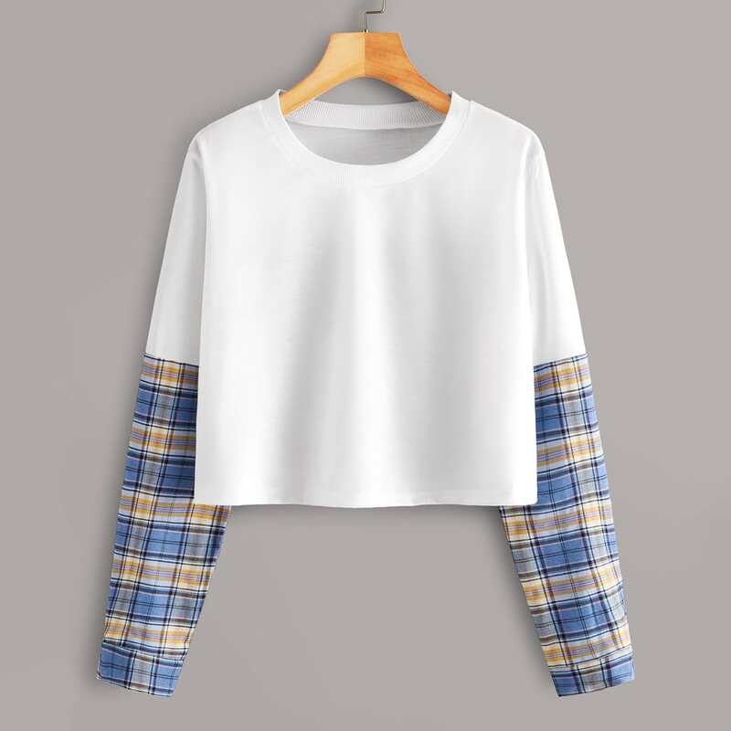 

Contrast Plaid Sleeve Crop Sweatshirt, White