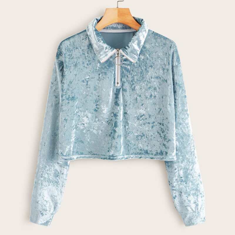 

Half Zip Crop Velvet Sweatshirt, Blue