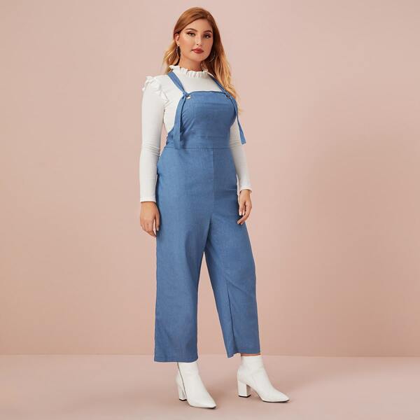

Plus Pocket Front Wide Leg Denim Overalls, Blue