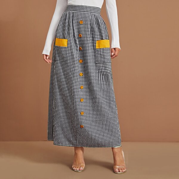 

Button Through Pocket Gingham Maxi Skirt, Multicolor