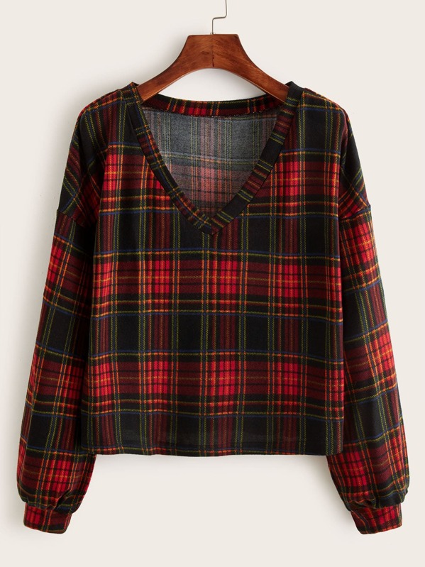 

V-neck Tartan Plaid Sweatshirt, Multicolor