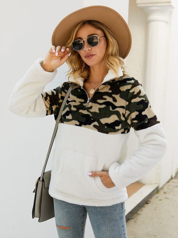 

Quarter Zip Contrast Camo Print Teddy Sweatshirt, White