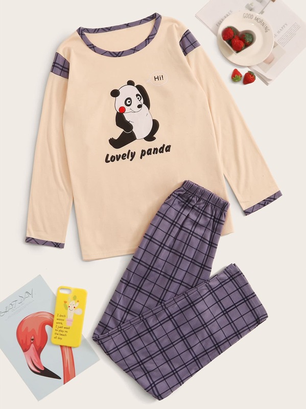 

Cartoon Panda Print Plaid PJ Set, Multicolor