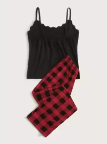 Lace Trim Cami Top With Plaid Trousers PJ Set - Multicolor - View 2