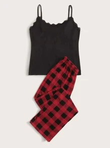 Lace Trim Cami Top With Plaid Trousers PJ Set - Multicolor - View 3