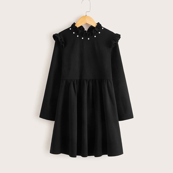 

Girls Pearl Beaded Ruffle Trim Smock Dress, Black