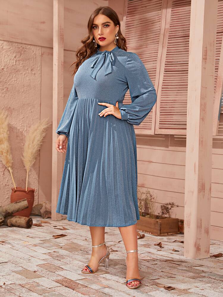 Plus Tie Neck Lantern Sleeve Glitter Pleated Dress Without Belt