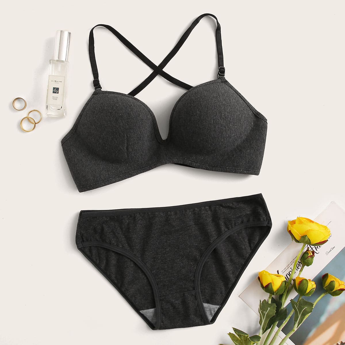 

Solid Criss Cross Lingerie Set, Grey