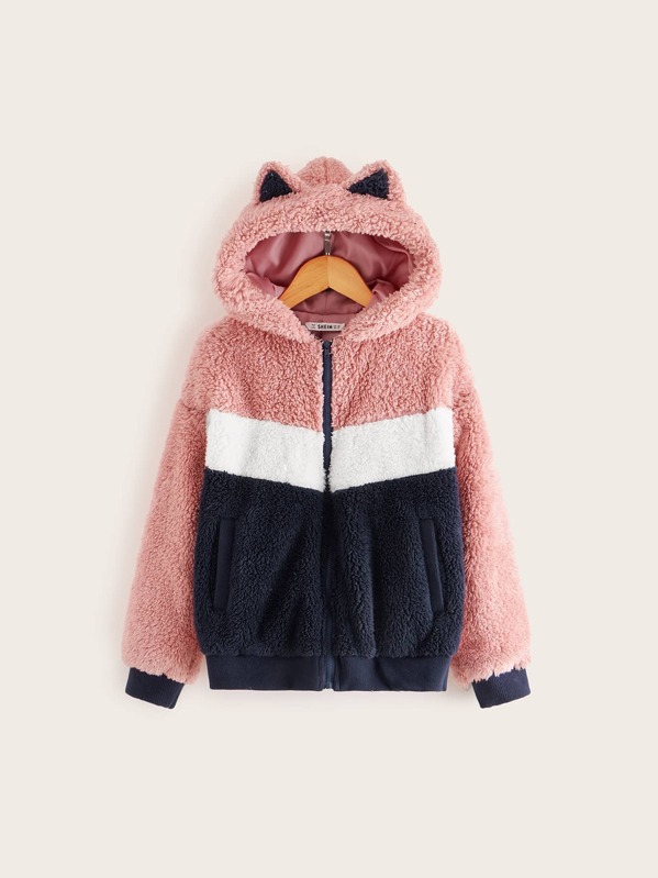 

Girls Colorblock Zipper Up Teddy Jacket With Ears, Multicolor
