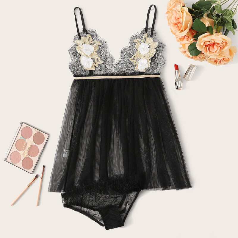 

Floral Appliques Contrast Lace Mesh Slips With Panty, Black