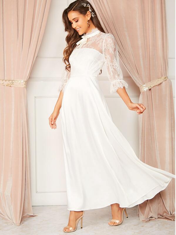 

Pearl Bow Detail Lace Yoke Maxi Dress, White, Anna Herrin