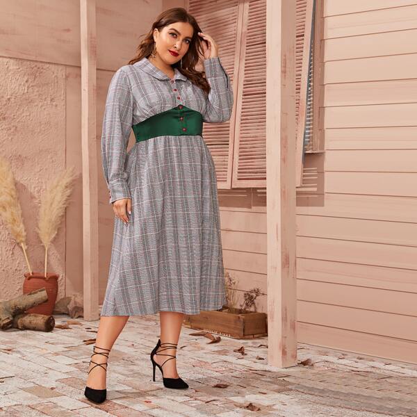 

Plus Contrast Satin Waist Glen Plaid Shirt Dress, Grey