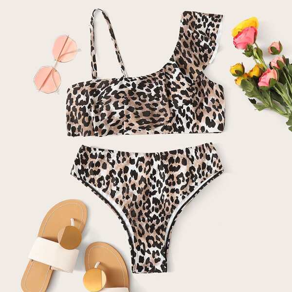 

Ruffle Trim Top With High Waist Bikini Set, Multicolor