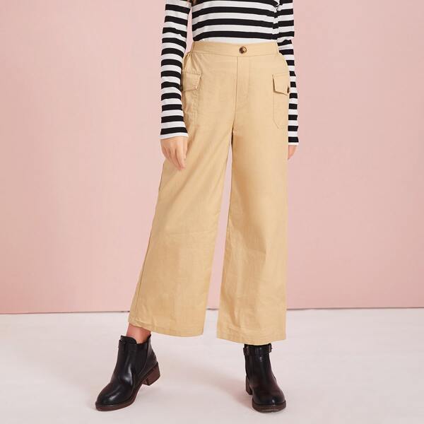 

Girls Flap Pocket Front Wide Leg Pants, Khaki pastel