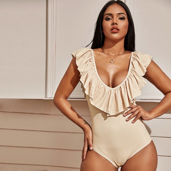 

Striped Ruffle Trim One Piece Swimwear, Yellow