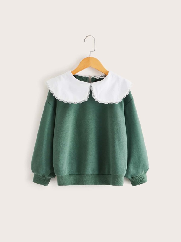 

Girls Drop Shoulder Contrast Peter Pan Collar Pullover, Green