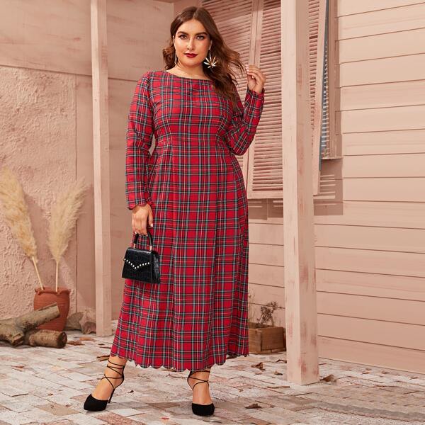 

Plus Pleated Front Scallop Edge Tartan Dress, Red