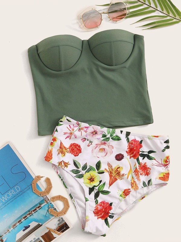 

Underwire Bandeau With Floral Ruched High Waist Tankini, Multicolor