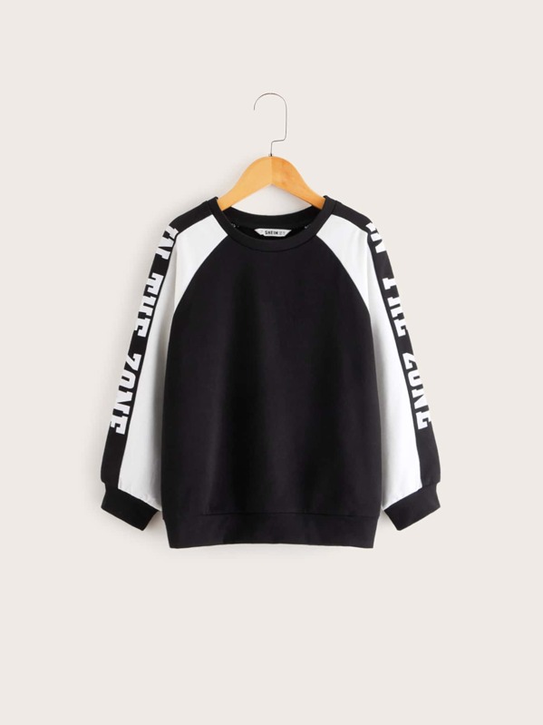 

Boys Two Tone Slogan Graphic Raglan Sleeve Pullover, Black and white