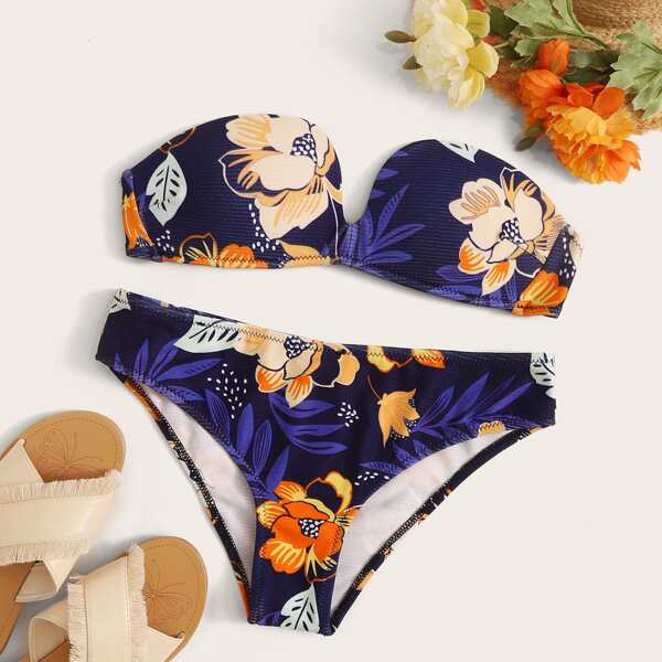 

Floral Random Print Underwire Bandeau Bikini Set, Multicolor