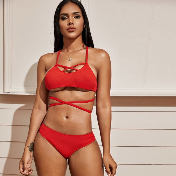 

Rib Criss Cross Tie Back Bikini Set, Red