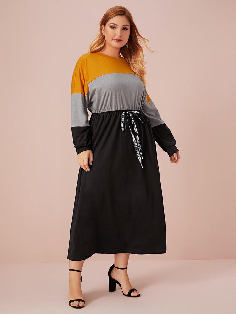 Plus Color-block Letter Tie Front Dress