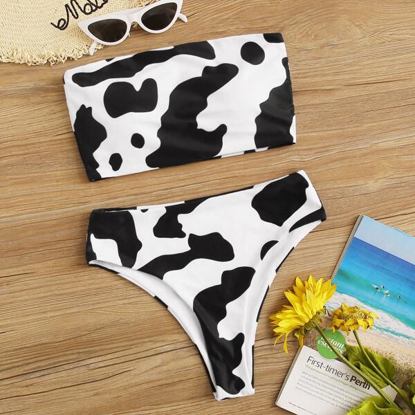 

Cow Pattern Bandeau With High Waisted Bikini Set, Black and white