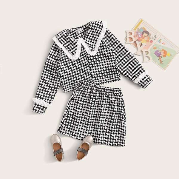 

Girls Houndstooth Print Frill Detail Top & Skirt Set, Black and white